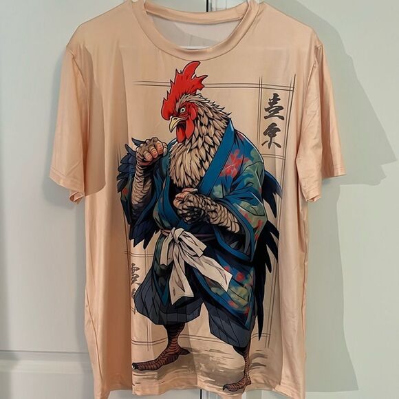 Samurai Warrior Fighting Rooster Cocky anime Japanese stretch print T  shirt M - Picture 1 of 4